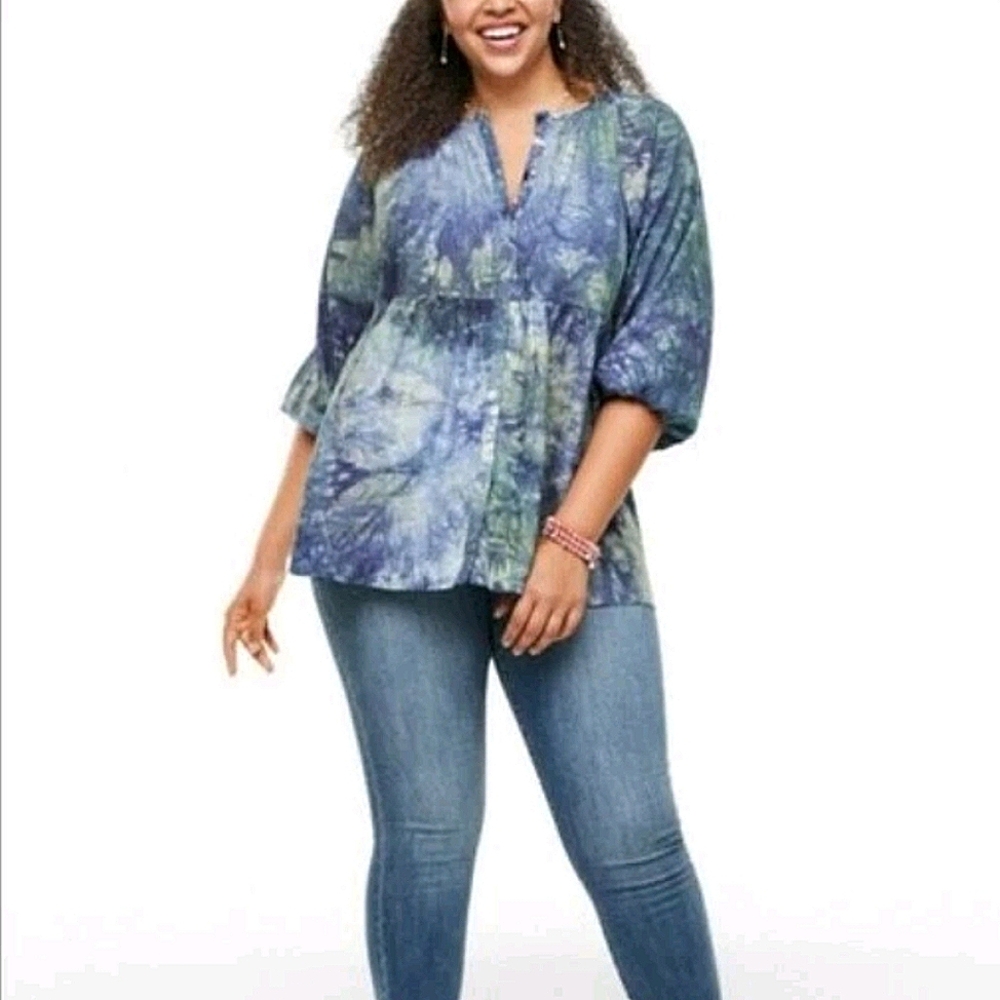 NEW Cabi Woodstock Blue Green Tie Dye Linen Babydoll Top Tunic Size Medium - Picture 11 of 15